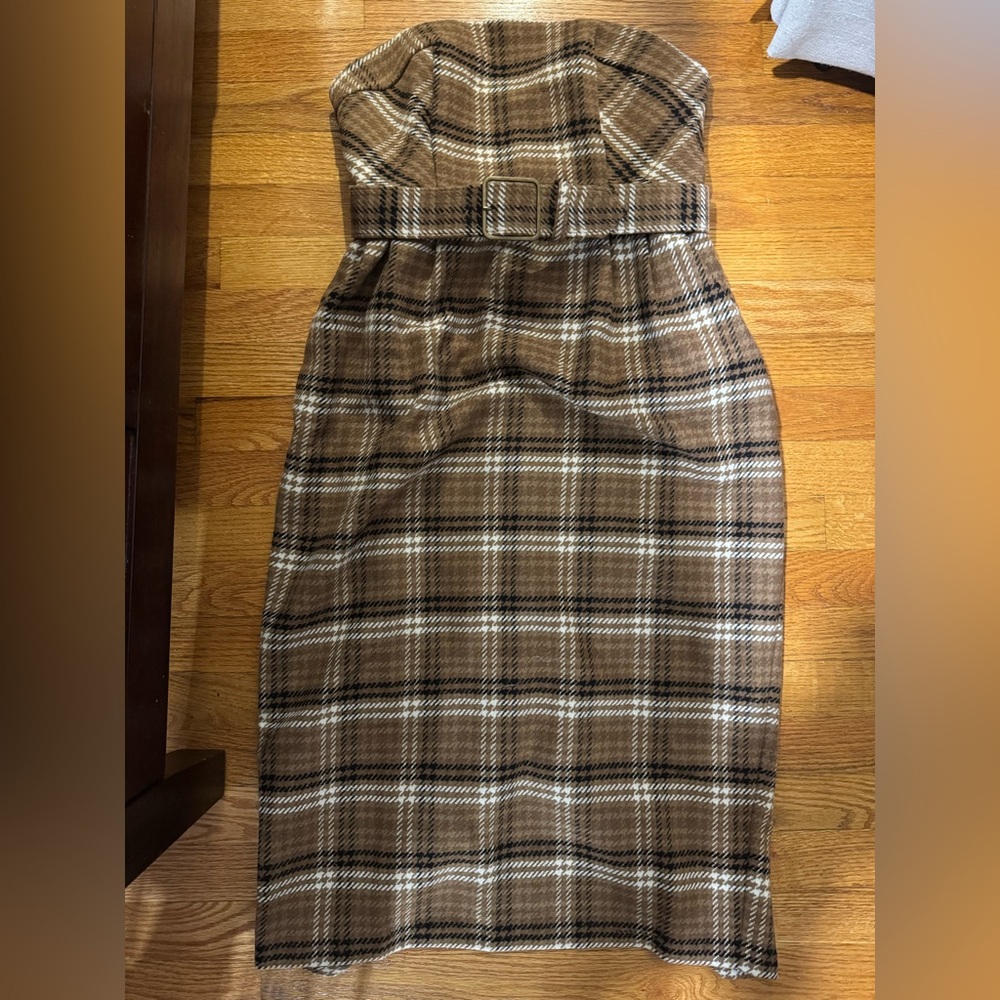 Anthropologie Strapless Plaid Dress in Brown and Cream